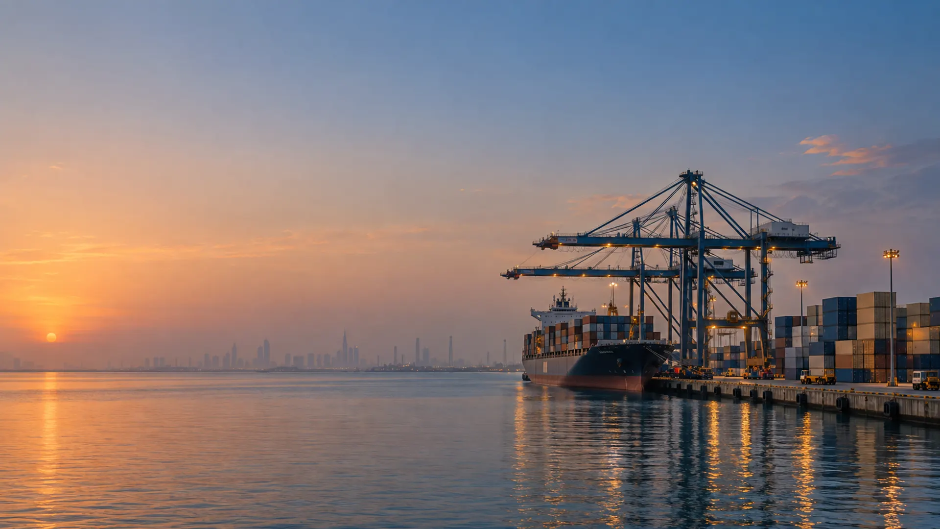 Container port on the Gulf coast at dusk